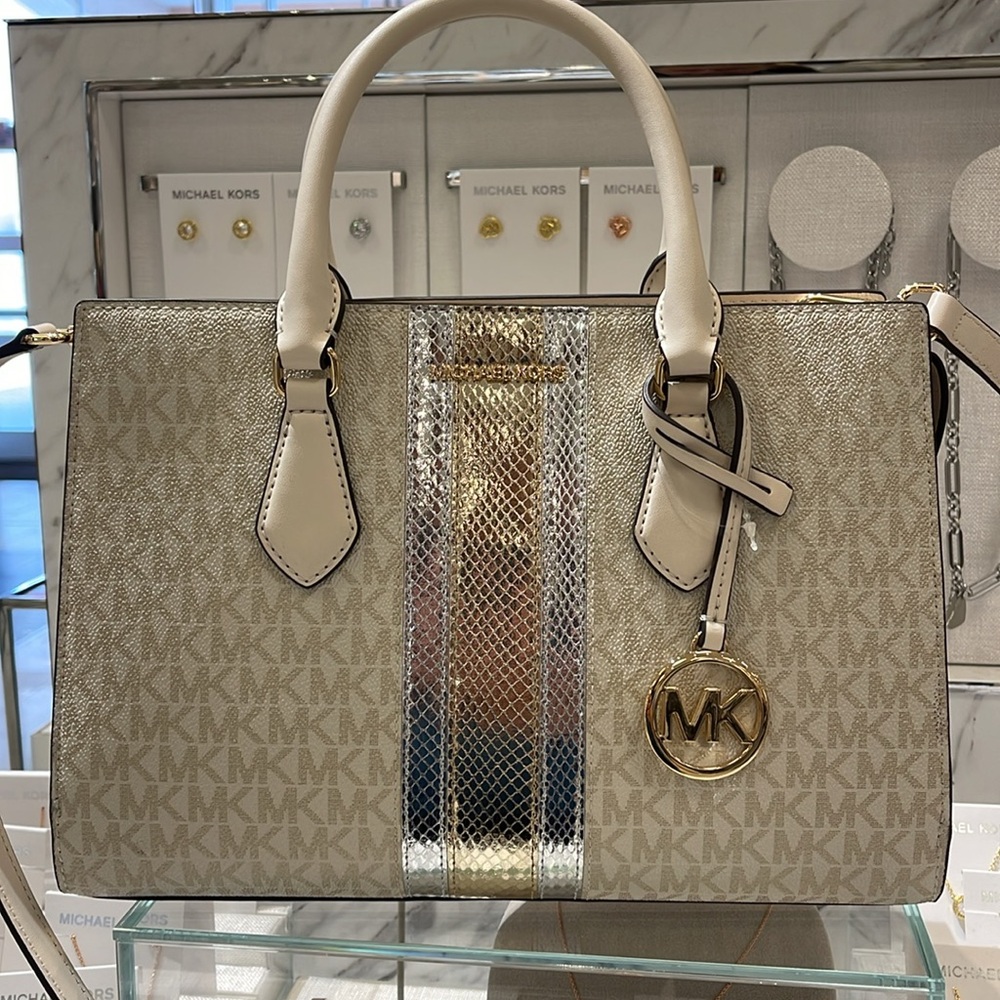 Michael Kors Sheila Medium Signature Logo and Metallic Satchel Crossbody CZ NWT